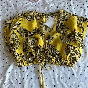 Yellow Black Tie Front Crop Blouse